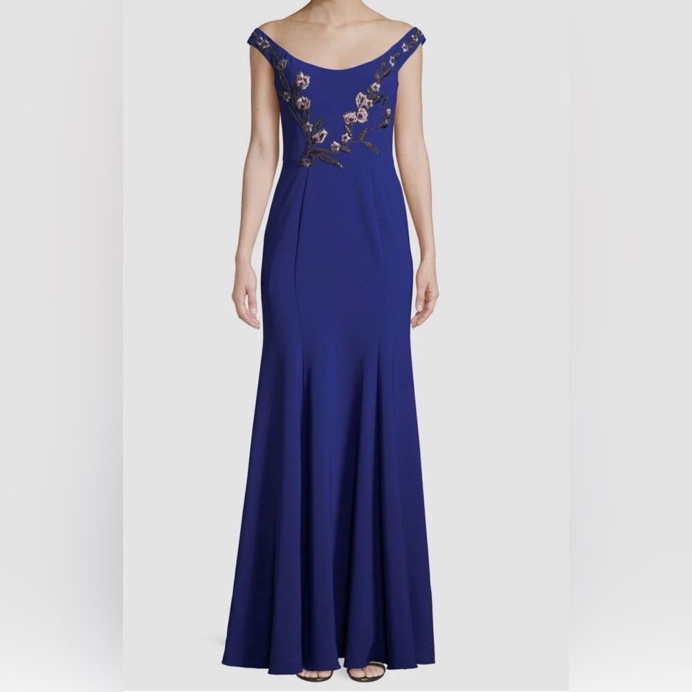 Marchesa Notte Blue Floral Embroidered Long Formal Evening Gown Dress - Picture 6 of 17